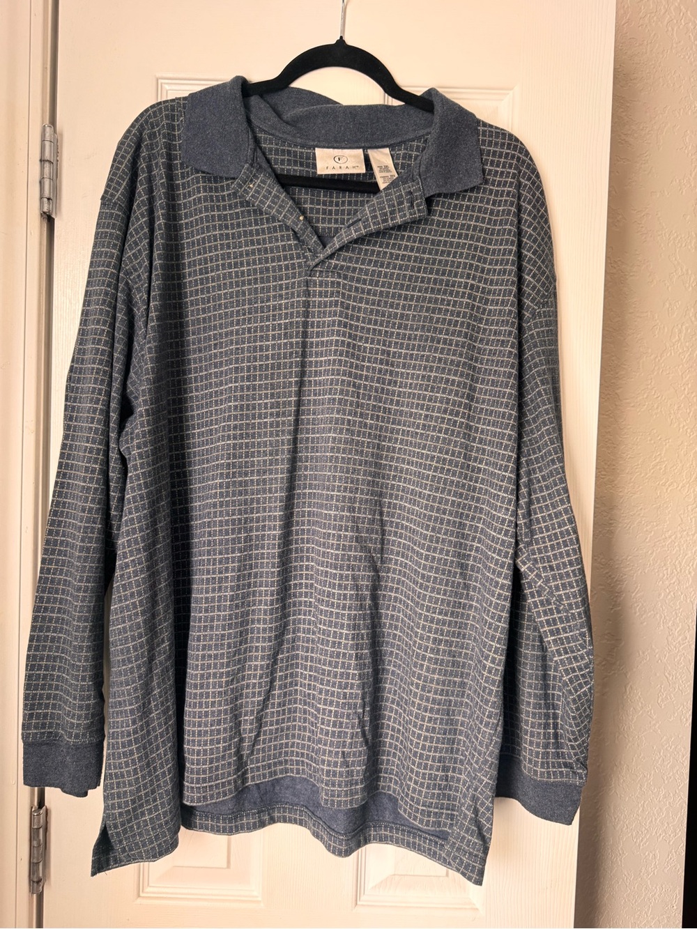Farah Men’s Blue Grid Knit Long Sleeve Polo